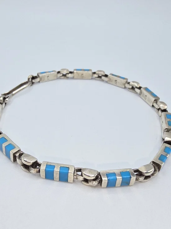 VTG Sterling Silver Turquoise Inlay Link Bracelet 7.5" Southwestern Zuni Style - Picture 2 of 10